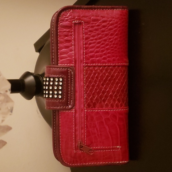 Red Textured Leather Wallet with Rhinestone Magnetic Snap Closure - Picture 3 of 14